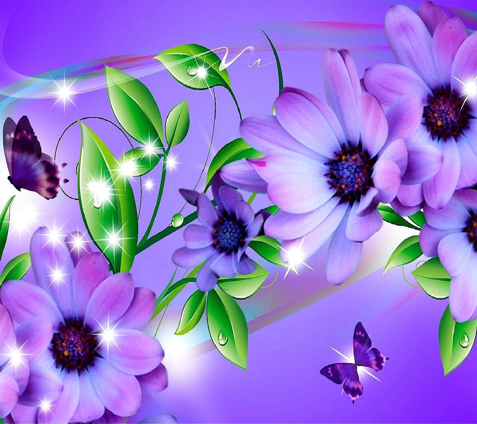 Purple flowers and butterflies with a rainbow background (nature)