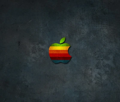 Logo vintage de Apple con rayas coloridas sobre un fondo oscuro