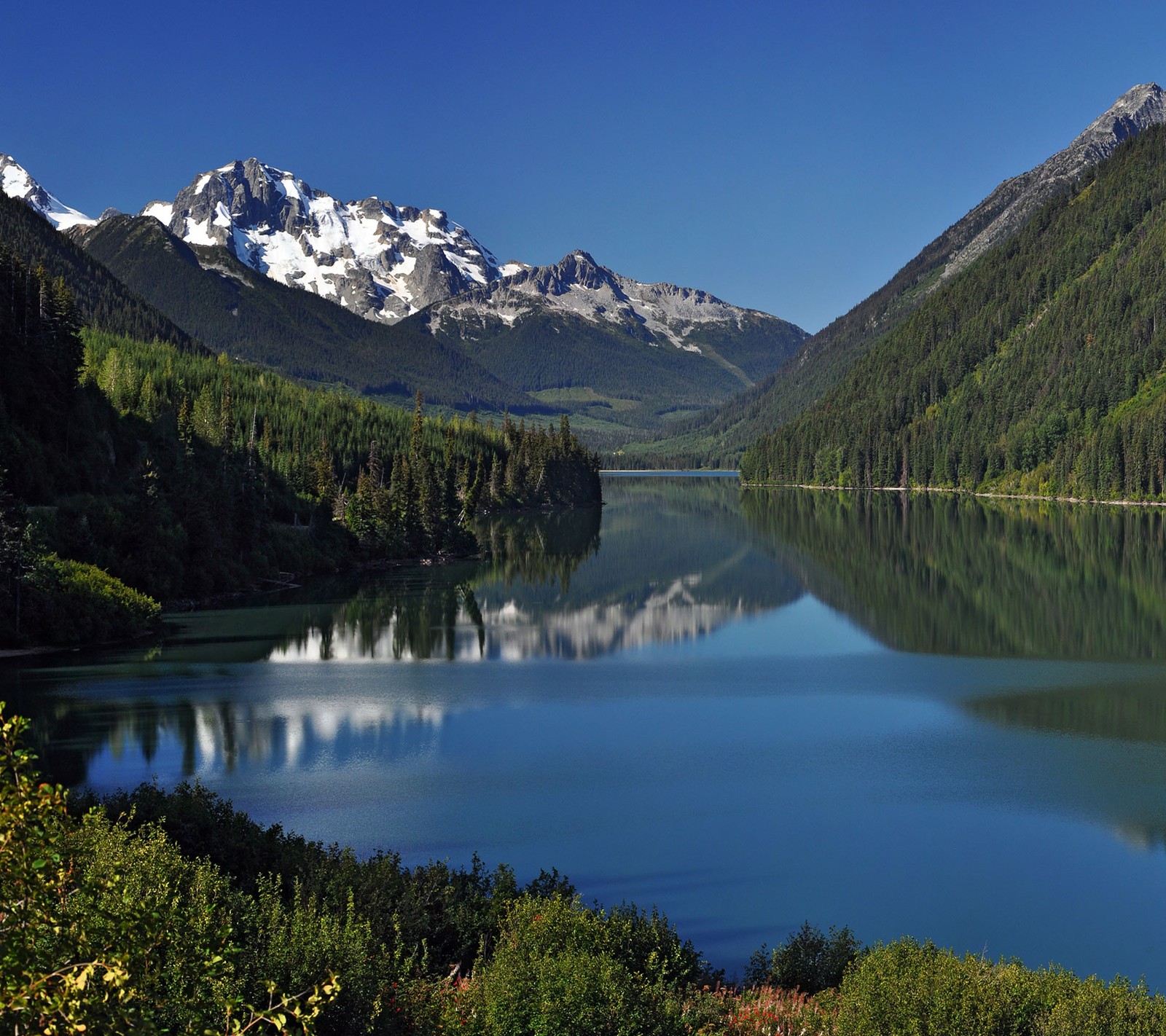 As montanhas se refletem na água de um lago cercado por árvores (lago, água)