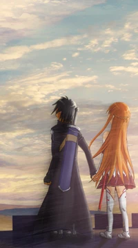 Kirito e Asuna de mãos dadas contra um céu de pôr do sol