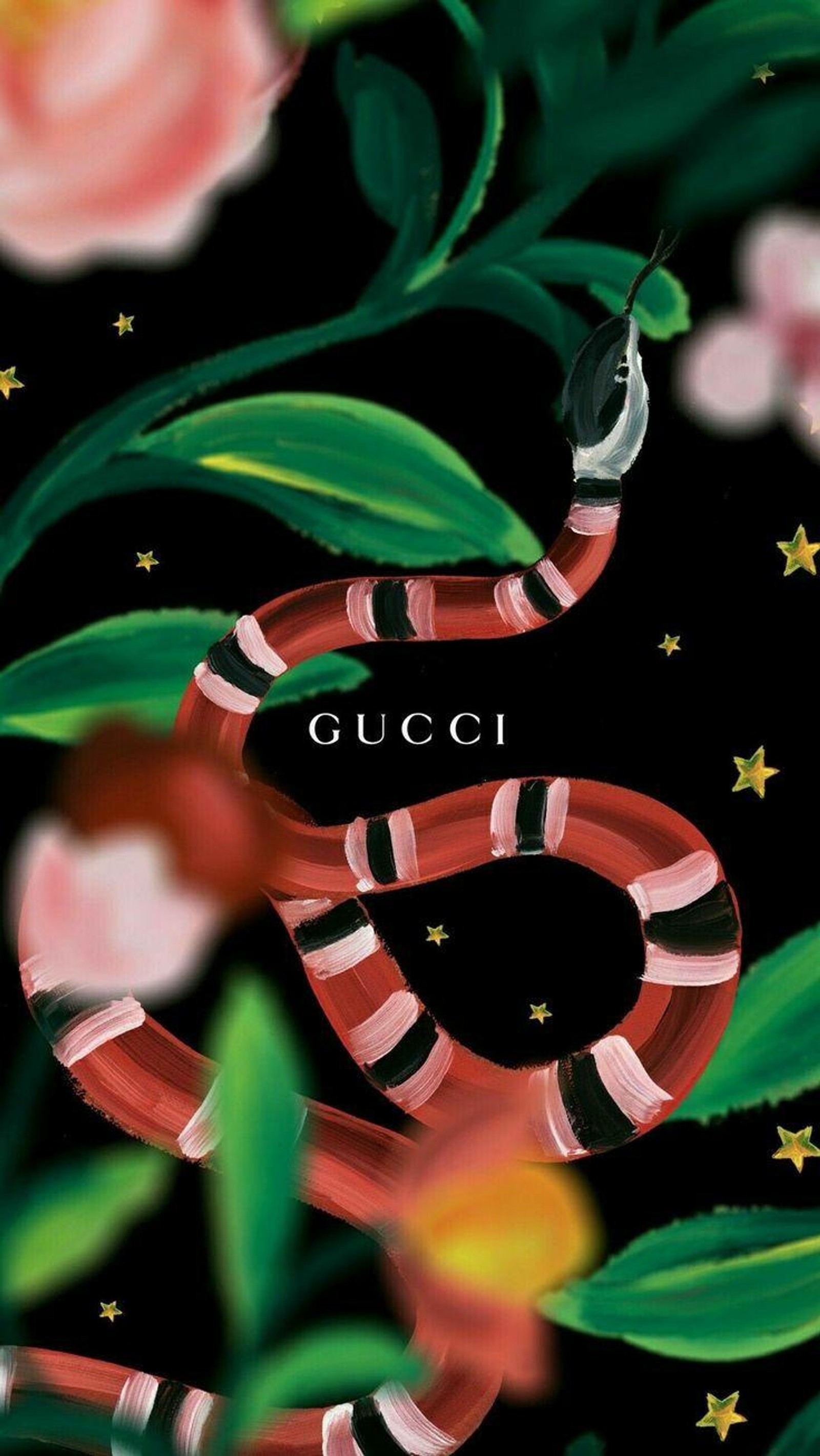 A close up of a snake with a flower and stars in the background (gucci, wallpaper)