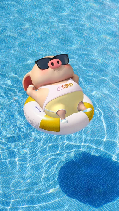 Porquinho encantador relaxando em um flutuador de piscina