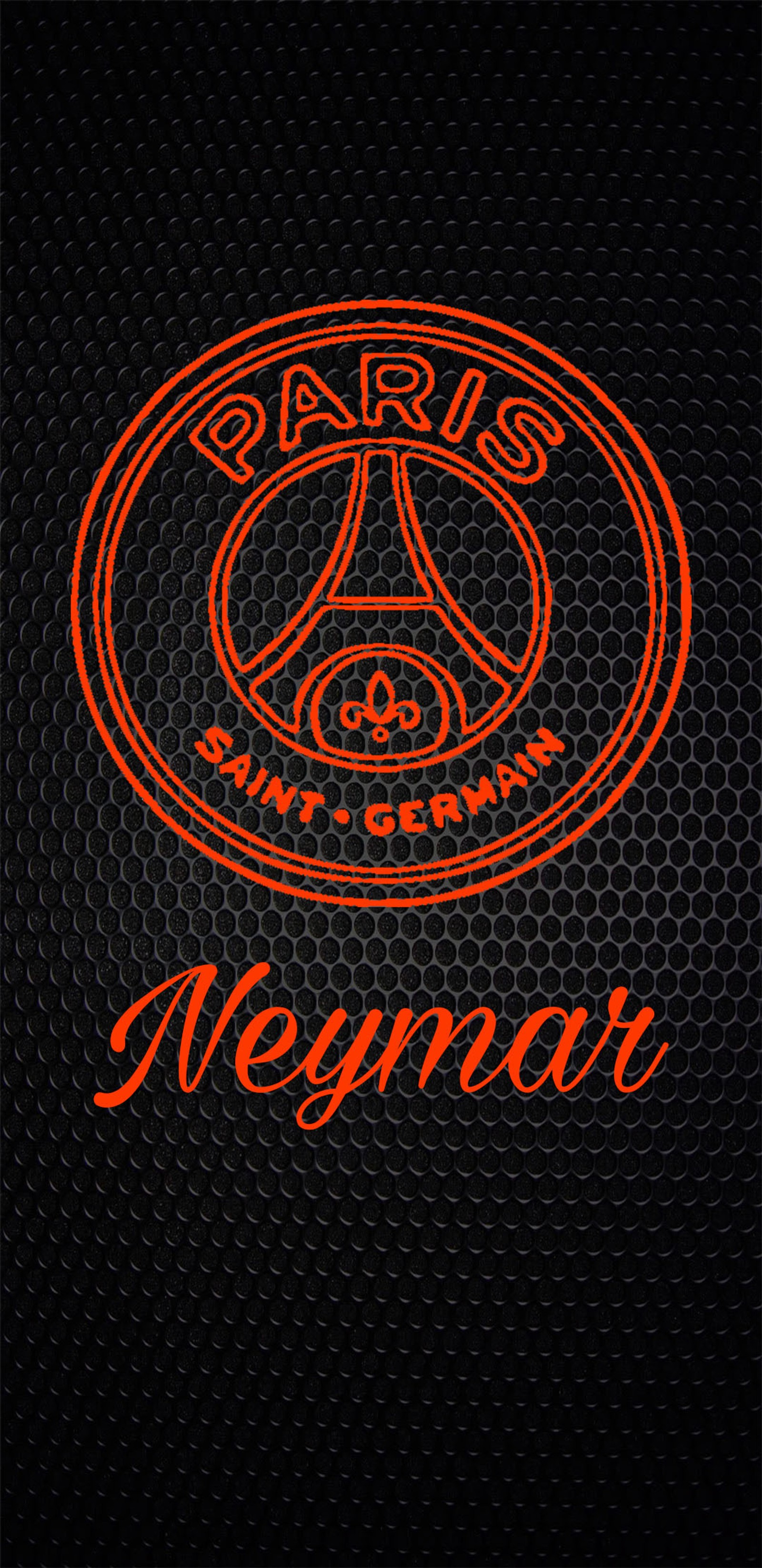 Un primer plano de un logo negro y naranja sobre un fondo negro (neymar, psg)