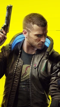 A futuristic character in a sleek leather jacket, holding a handgun, with neon accents and a vibrant yellow background, embodying a cyberpunk aesthetic.