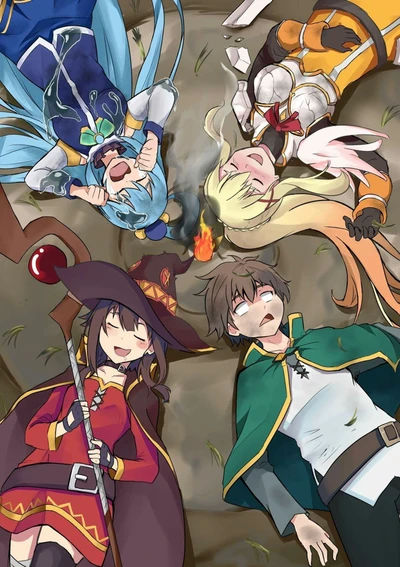 konosuba, aqua, kazuma, escuridão, megumin