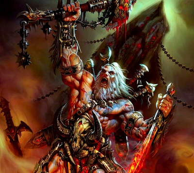 Fierce Warrior Ascending with Bloodied Swords in Diablo 3 Artwork