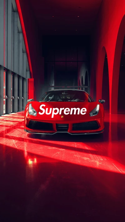 Ferrari dans un cadre rouge frappant avec le branding Supreme, incarnant le luxe et la vitesse.