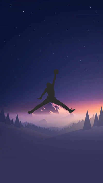 Night Sky Jump: Jordans Silhouette Against a Mountain Landscape