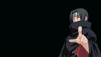 Itachi Uchiha em traje de Akatsuki, exibindo seu Sharingan e uma presença dominante contra um fundo escuro.