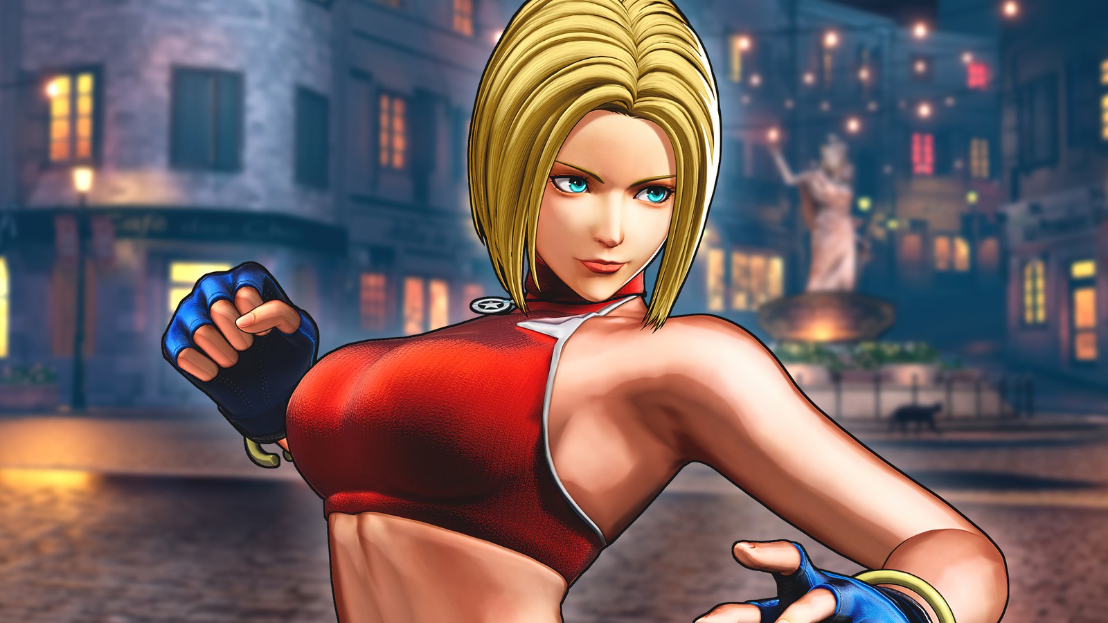 Una mujer con un top rojo y shorts azules sosteniendo una pelota azul (the king of fighters xv, kof 15, videojuego, azul, casarse)