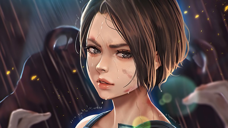 Аниме девушка с зеленым бантом и черным топом (джилл валентайн, jill valentine, искусство, resident evil 3 remake, re3)