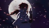 Sasuke Uchiha dans un cadre sombre et mystique, se tenant contre une pleine lune avec des pétales tourbillonnants, incarnant la détermination et la force.