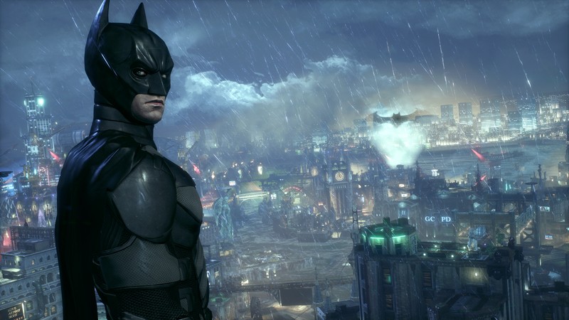 Бэтмен в дождь с огнями города на заднем плане (бэтмен аркхем найт, batman arkham knight, батман аркхэм сити, batman arkham city, batman)