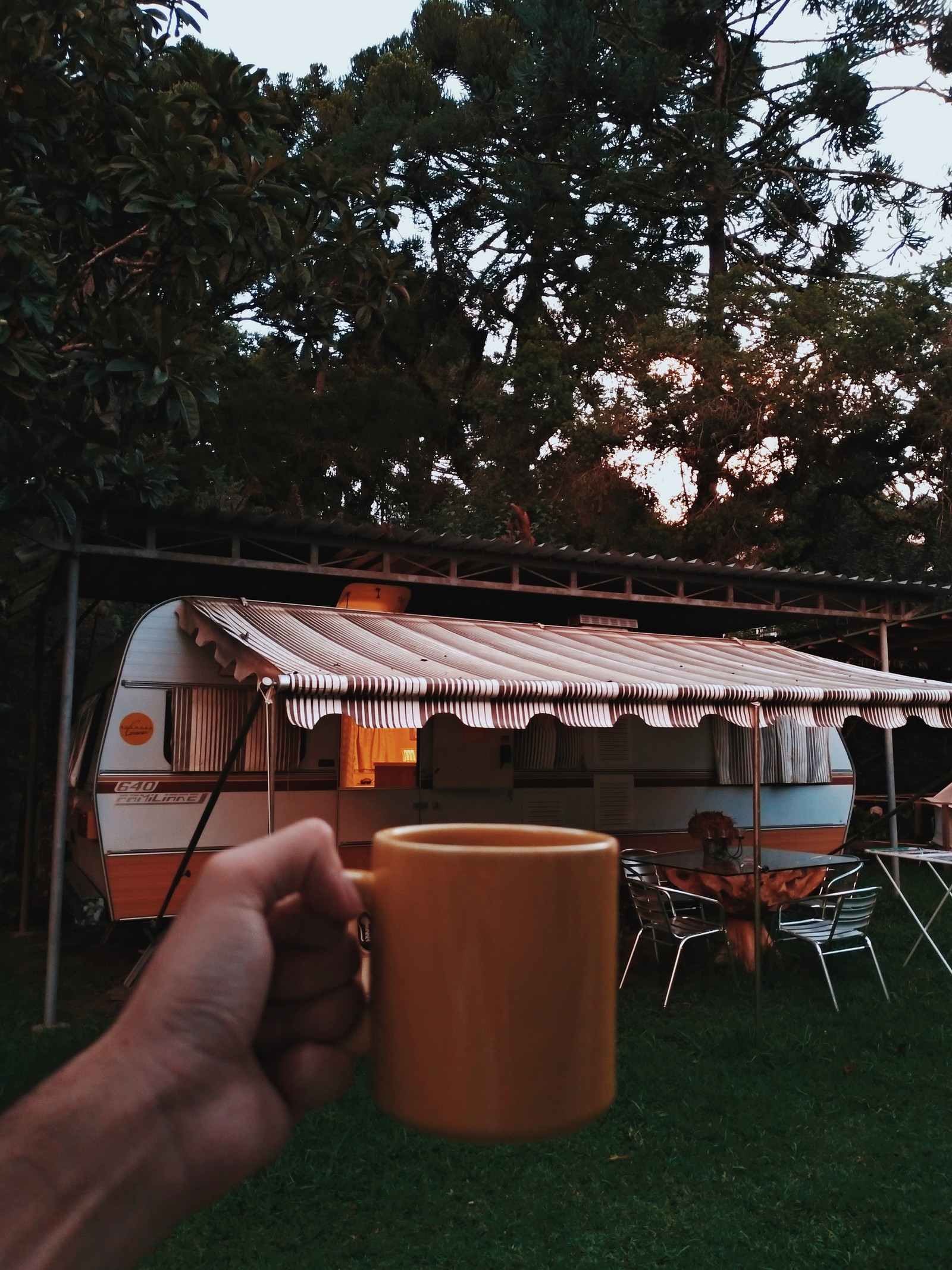 Quelqu'un tient une tasse de café devant un camping-car. (caravane, fourgon, tente, remorque, ombre)