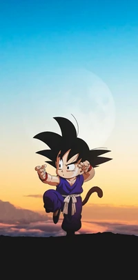 Goku feliz en una postura juguetona contra un cielo colorido