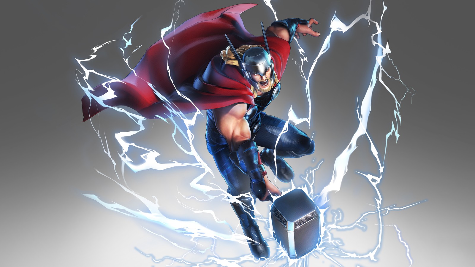 Thor flying through the air with a hammer in his hand (thor, mjolnir, hammer, lightning, marvel ultimate alliance 3)