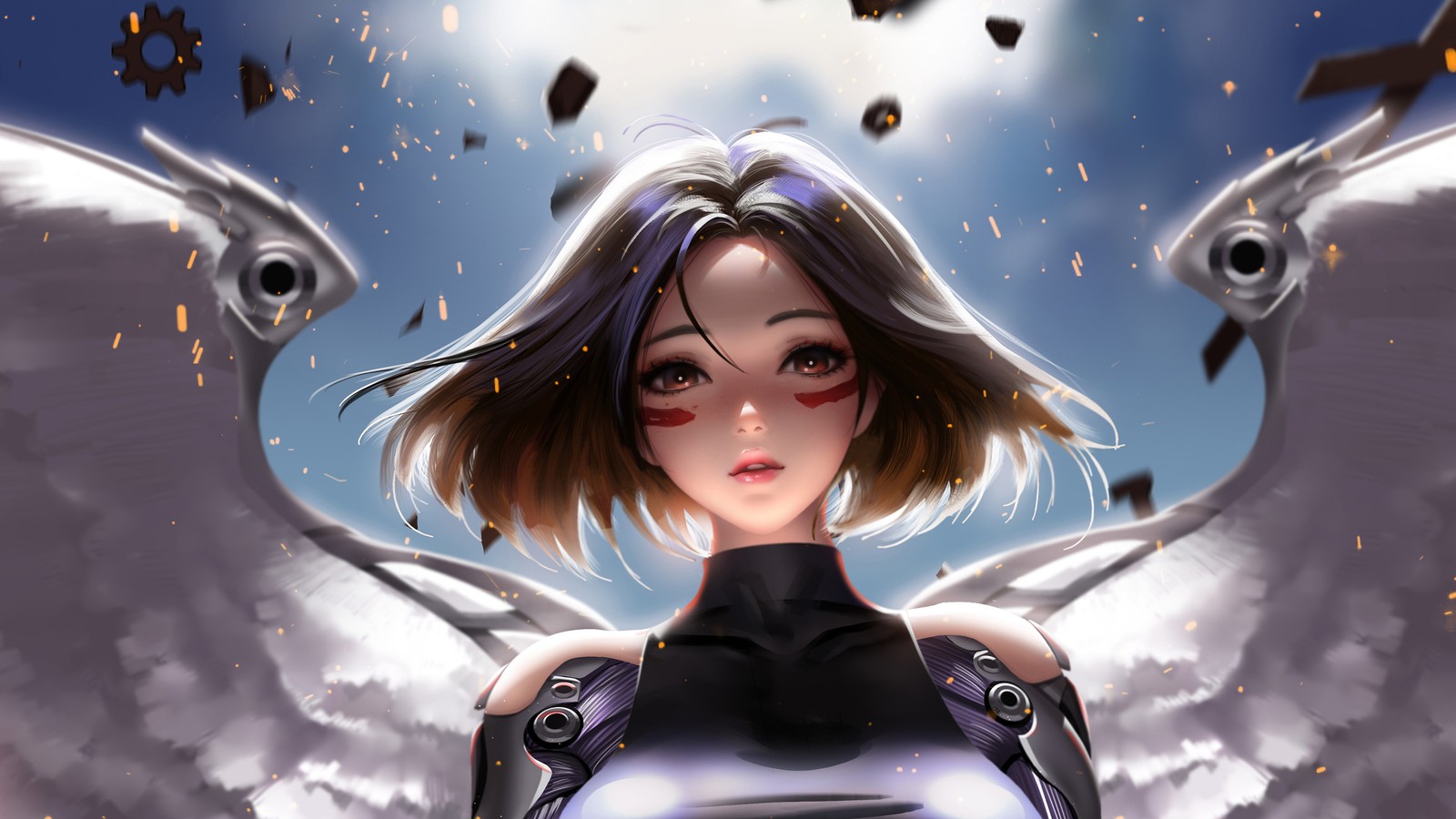 Chica anime con alas y vestido negro frente a una luna llena (alita ángel de combate, alita battle angel, película)