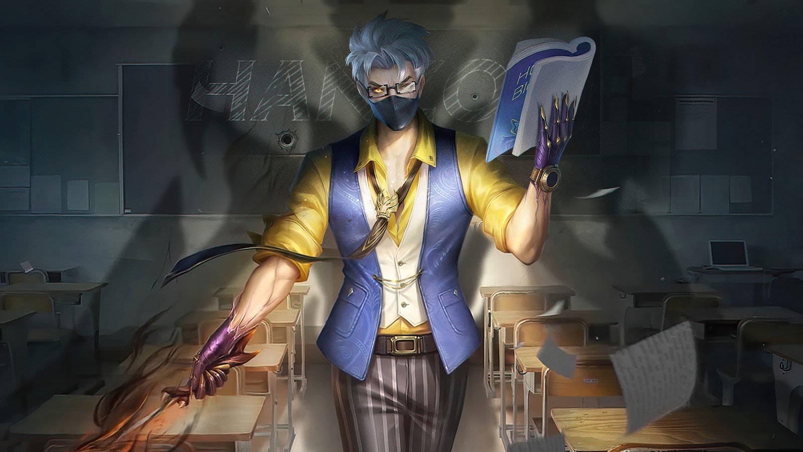 Personaje de anime con una máscara sosteniendo un cuchillo en un aula (hanzo, tutor insidioso, piel, mobile legends, bang bang)