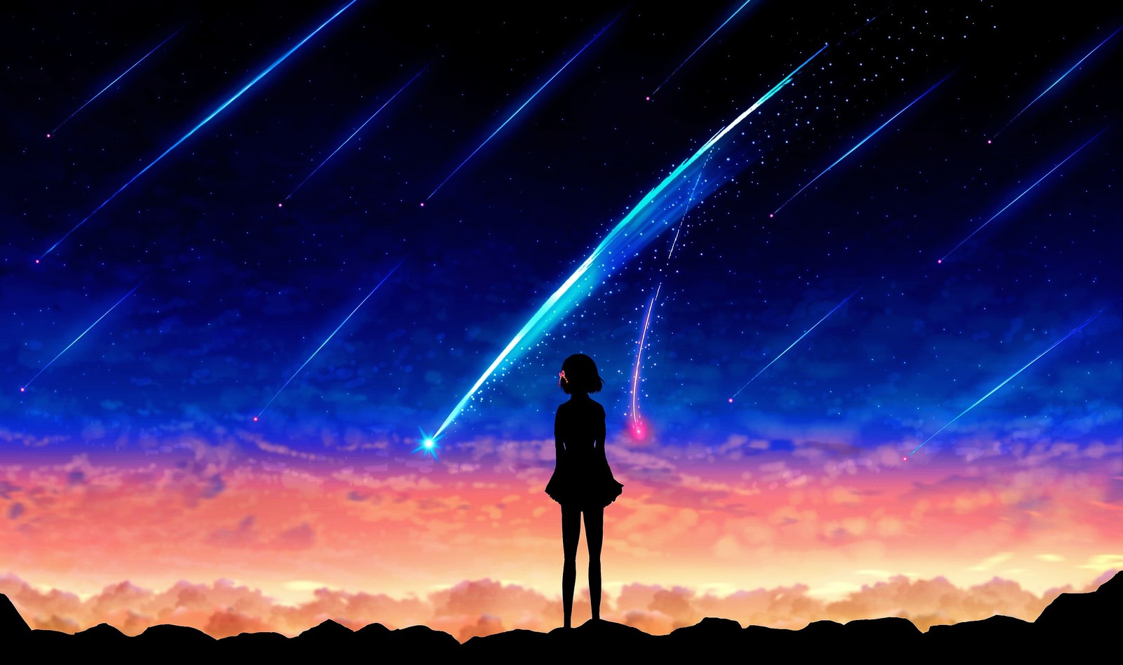 Une femme debout sur une colline regardant les étoiles (anime, atmosphère, monde, lumière, éclairage)