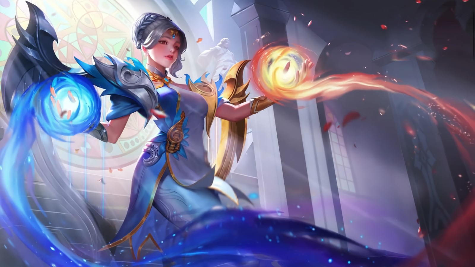 Une femme en robe bleue tenant une boule lumineuse (lunox, mobile legends, jeu vidéo)