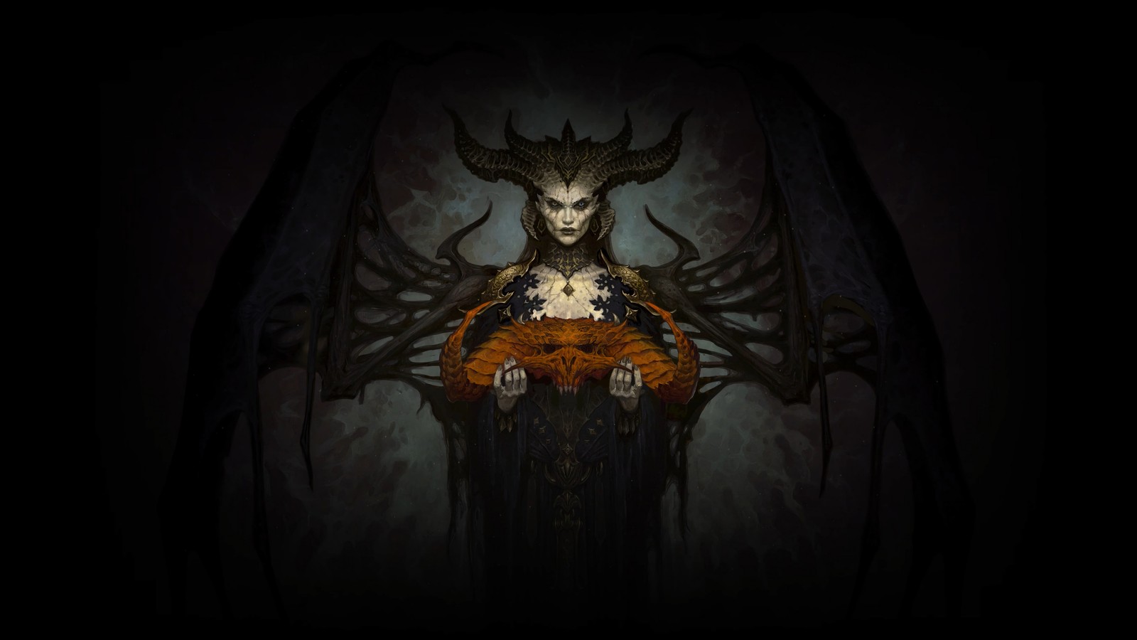 Una imagen oscura de una mujer con cuernos y cara de demonio (diablo iv, diablo 4, videojuego, lilith)