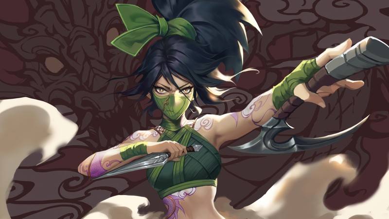 Крупный план женщины с мечом и зеленым нарядом (акали, akali, lol, league of legends, видеоигра)