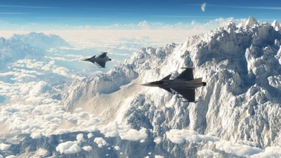 Fighter Aircraft in Flight Over Majestic Mountain Range