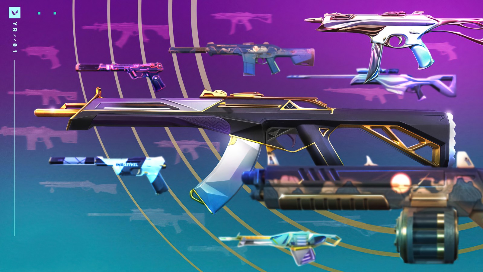 A screenshot of a gun with a bunch of guns on it (valorant, video game, weapon, skins)