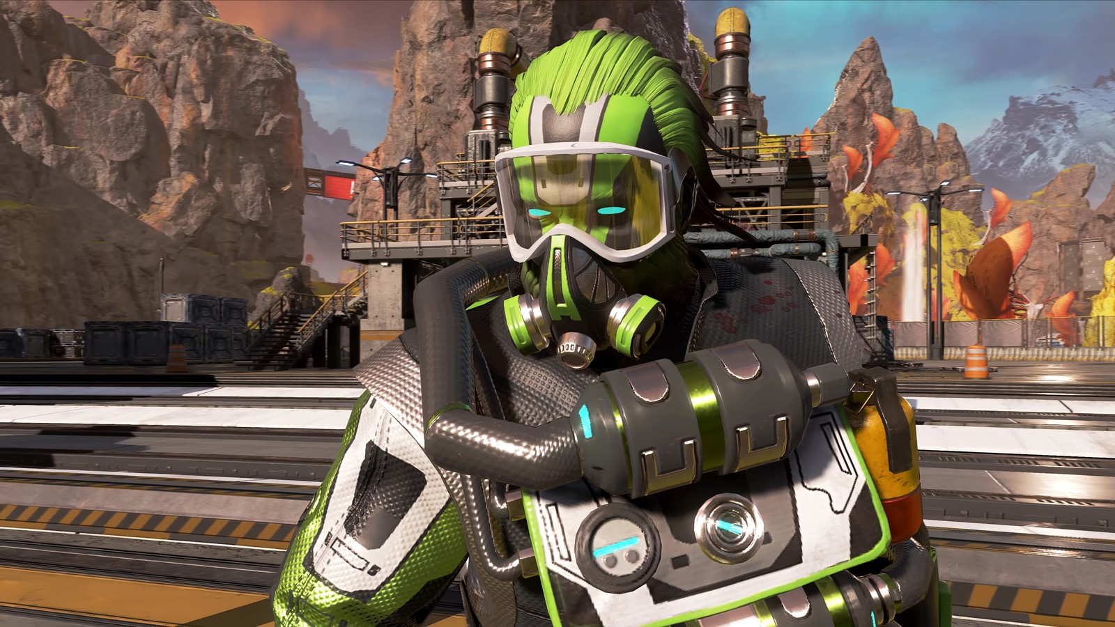 A close up of a person in a green and black suit (apex legends, video game, caustic, season 4, assimilation)