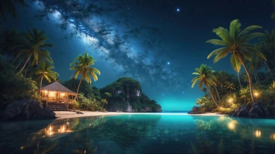 Serene Beach Nightscape with Palm Trees and Starry Sky