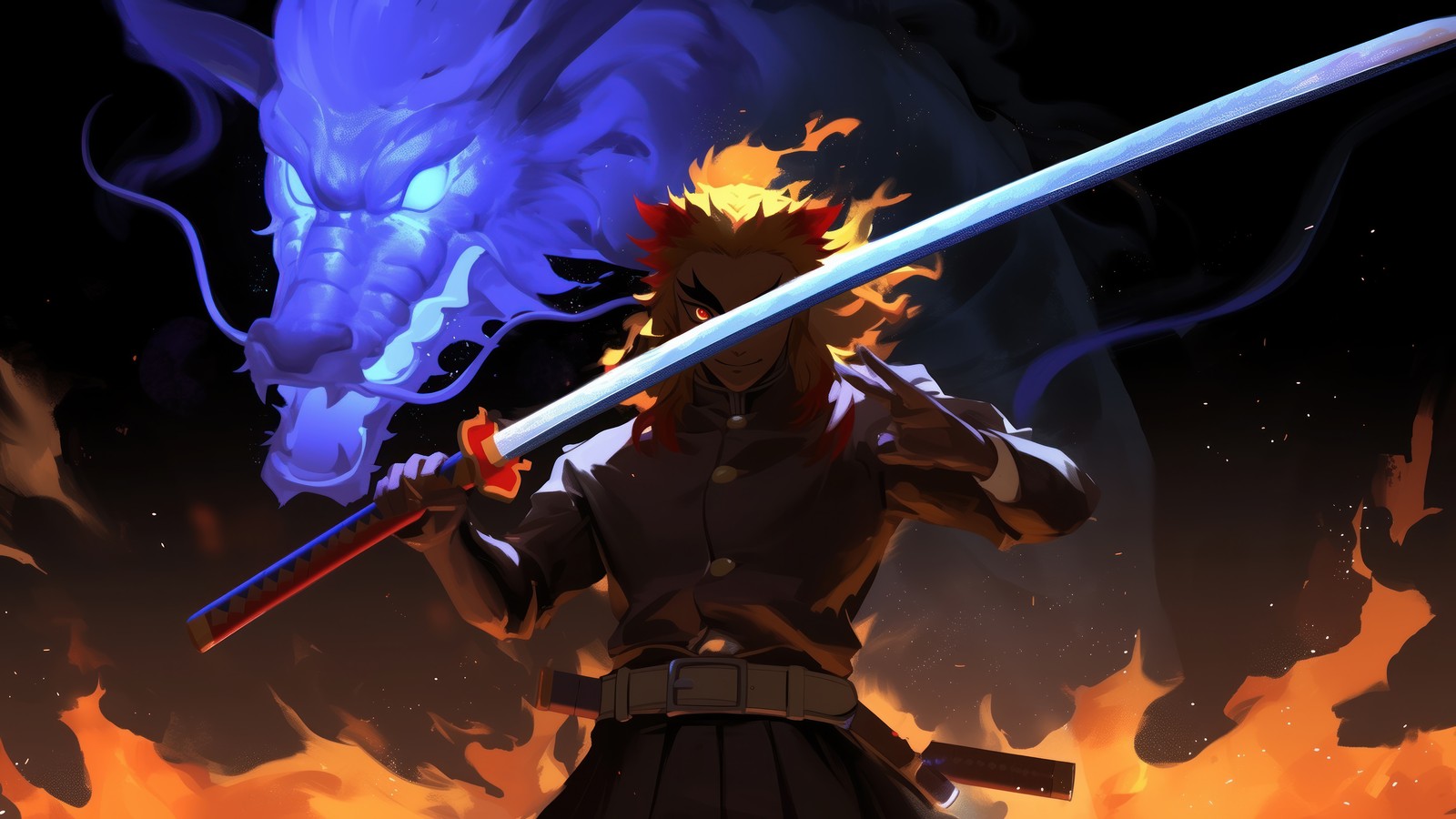 Un primer plano de una persona sosteniendo una espada frente a un fuego (kyojuro rengoku, llama, hashira, asesino de demonios kimetsu no yaiba, demon slayer kimetsu no yaiba)