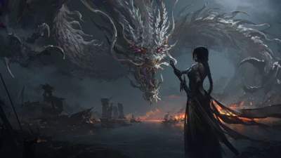 Fille guerrière confronte un dragon majestueux dans un royaume fantastique