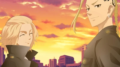 Manjiro Sano et Ken Ryuguji contre un fond de coucher de soleil