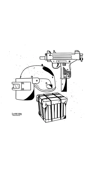 Монохромный эскиз шлема, огнестрельного оружия и коробки