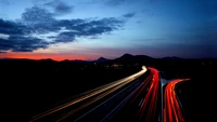 sunset, road, landscape, sky, clouds wallpaper