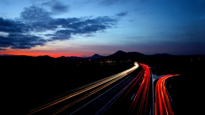 sunset, road, landscape, sky, clouds