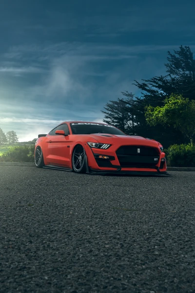 Sleek Ford Mustang GT in striking orange, showcasing performance and style against a dramatic sky.