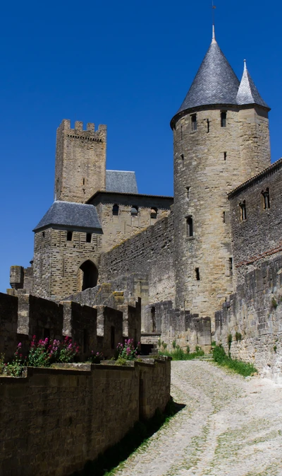 Fortaleza medieval con muros altos y cielo azul claro