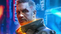 Futuristischer Cyberpunk-Charakter, inspiriert von Tom Hardy, in einer Neon-Stadtlandschaft