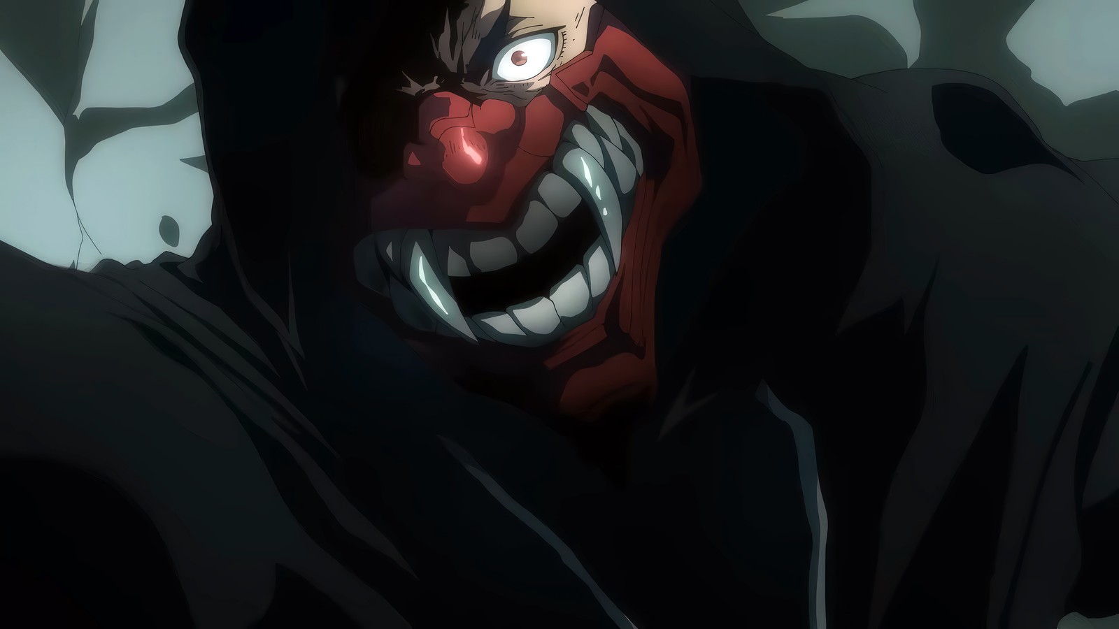 A close up of a clown with a red nose and a black coat (ninja kamui, anime, oni mask, joe higan)