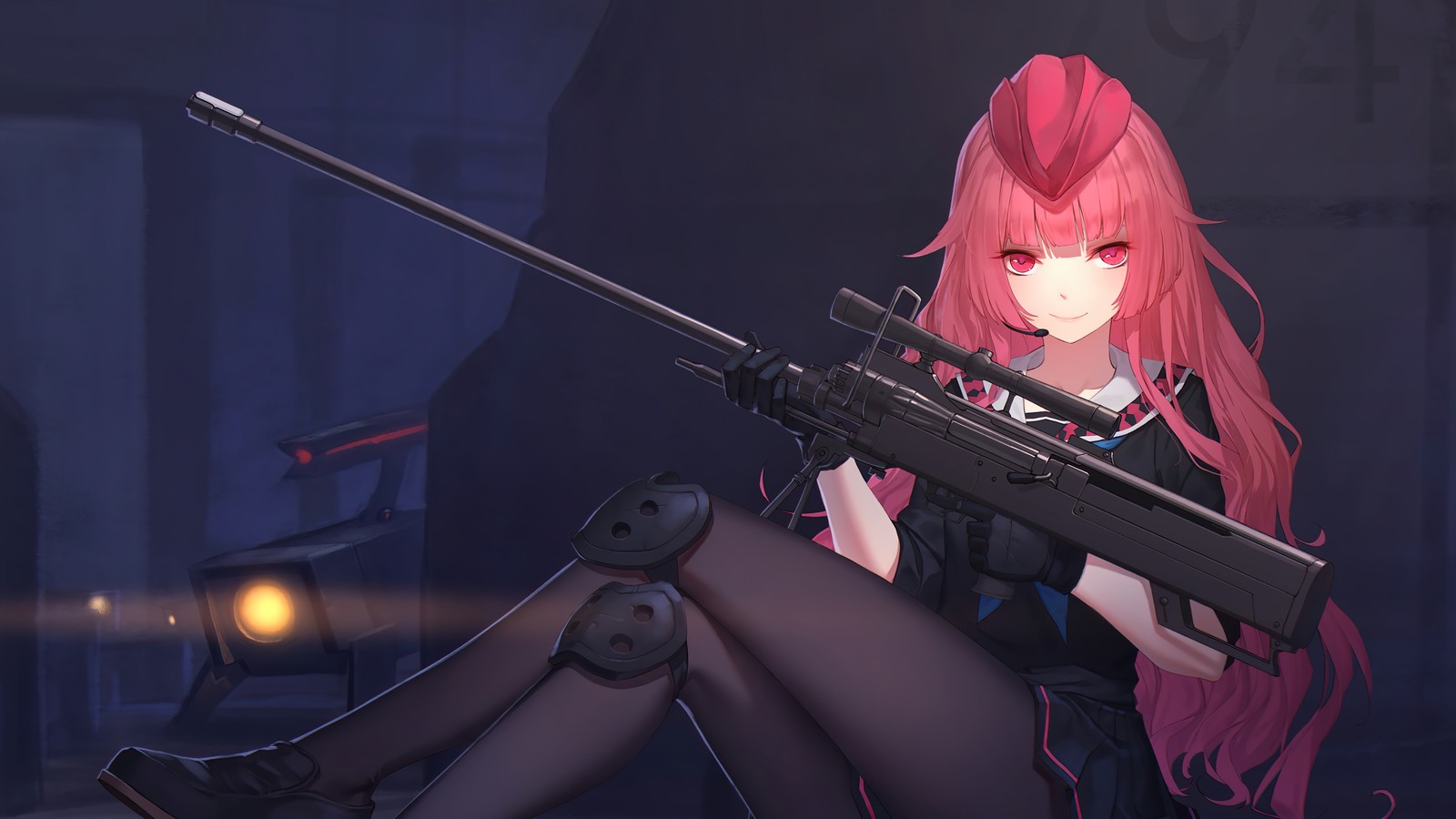 Une femme aux cheveux roses tenant une arme assise sur une chaise (anime, girls frontline, jeu vidéo, tireur délite, fusil)