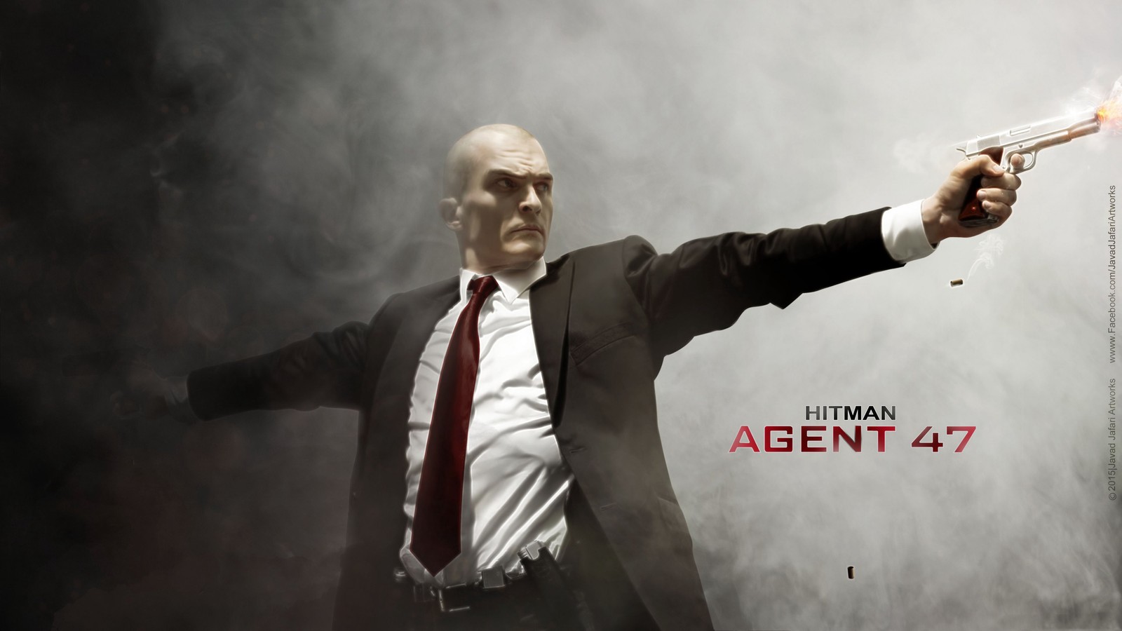 Крупный план мужчины в костюме с пистолетом (агент 47, agent 47, убийца агент 47, hitman agent 47, жест)