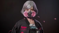 Garota cyberpunk com máscara de gás adornada com flores