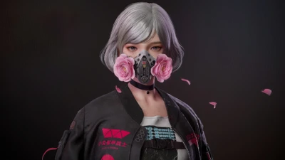 Cyberpunk-Mädchen mit Gasmaske, geschmückt mit Blumen