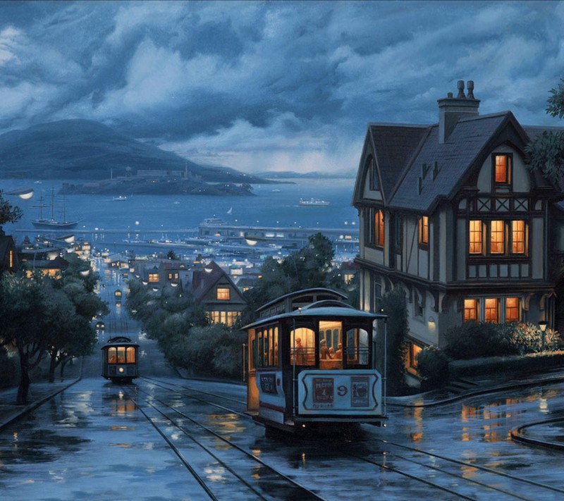 Pintura de um bonde em uma rua chuvosa de uma cidade (bonito, azul, casa, chuva, san francisco)