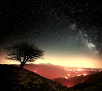 Noche estrellada sobre paisaje montañoso