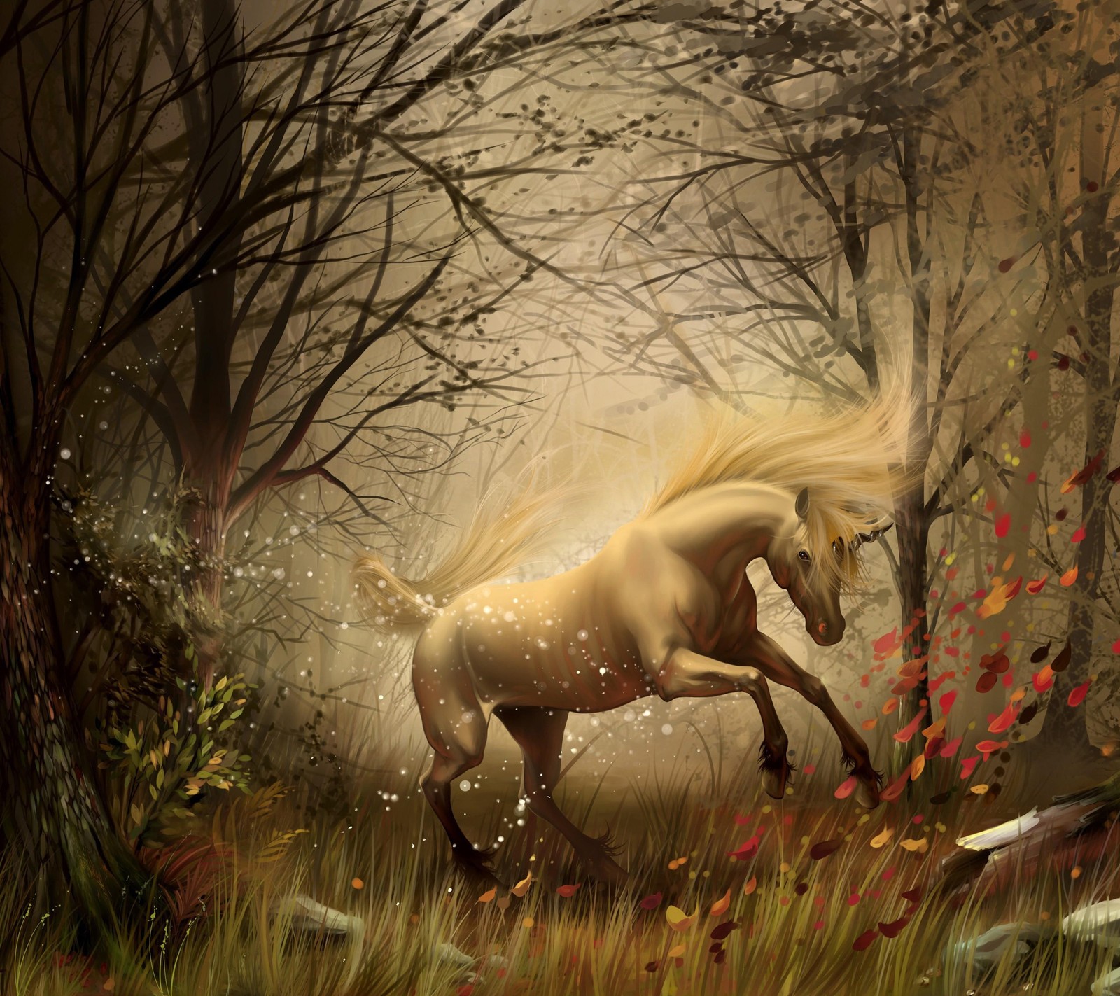 There is a horse that is running through the woods (autumn, forest, horse, leaves, painting)