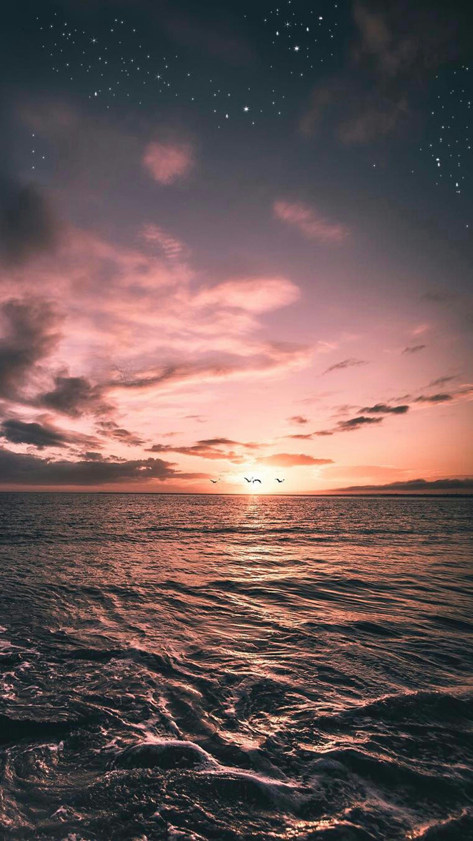 Pôr do sol sobre o oceano com um céu cheio de estrelas e um barco. (praia, aves, nuvens, natureza, oceano)