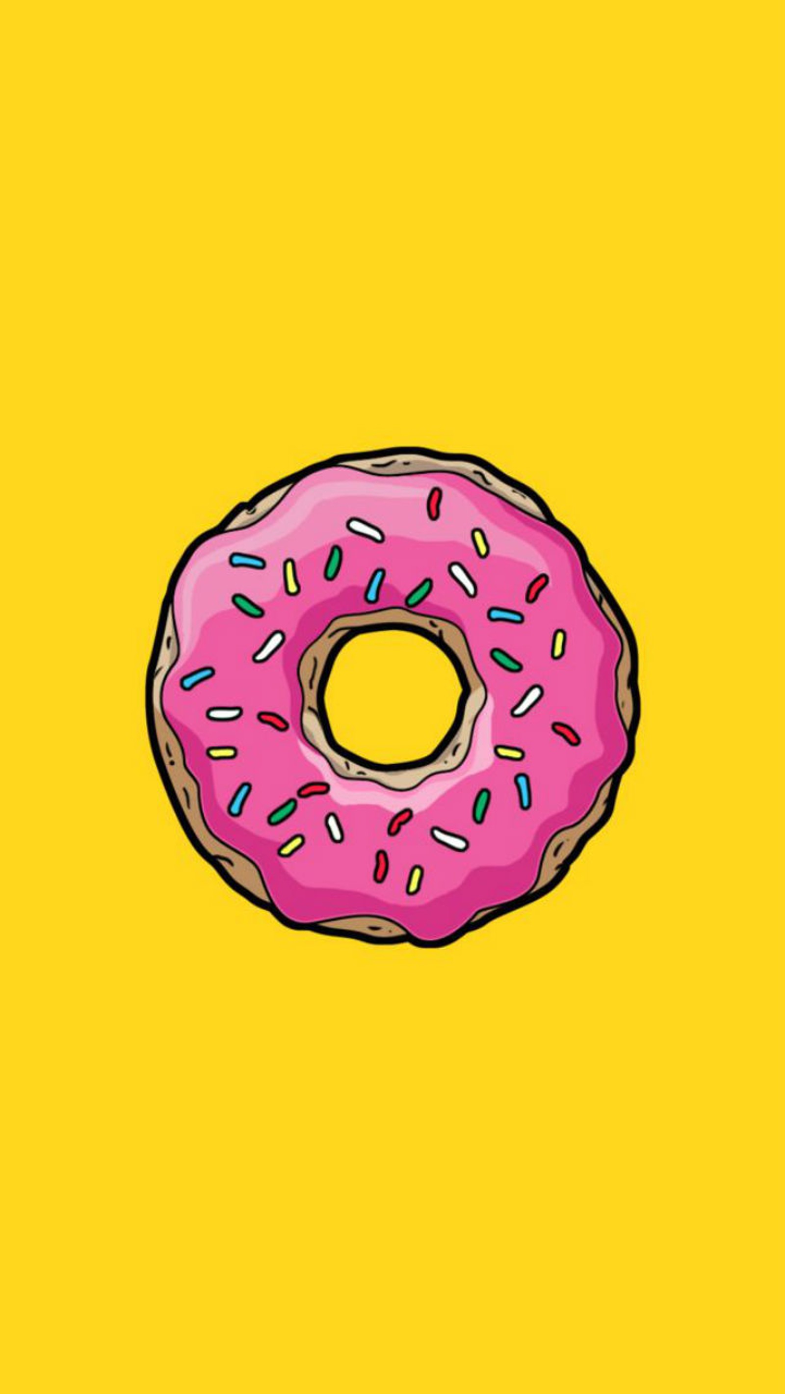 Un primer plano de una dona rosa con chispas sobre un fondo amarillo (masa, donut, comida, glaseado, homero)