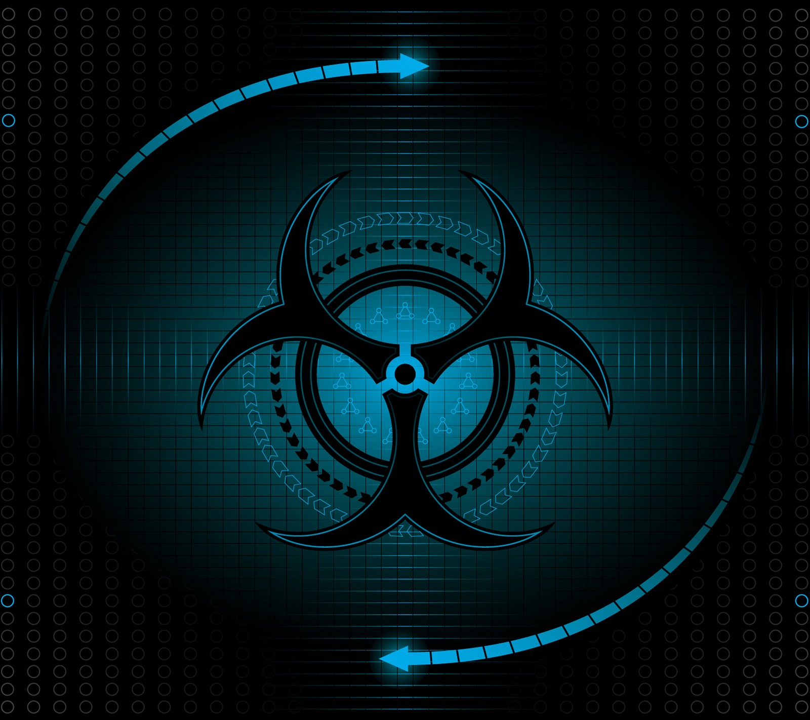 A close up of a biohazard symbol on a dark background (biohazard, glow, neon, sign)